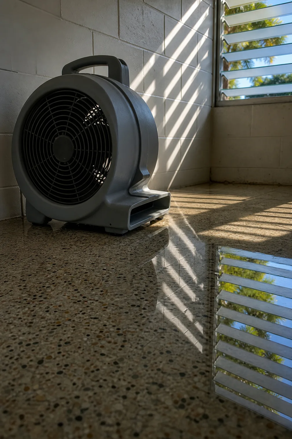 A single gray drying fan standing on polished terrazzo beside a painted block wall, with a thin sheet of water across the floor holding the reflection of a jalousie window