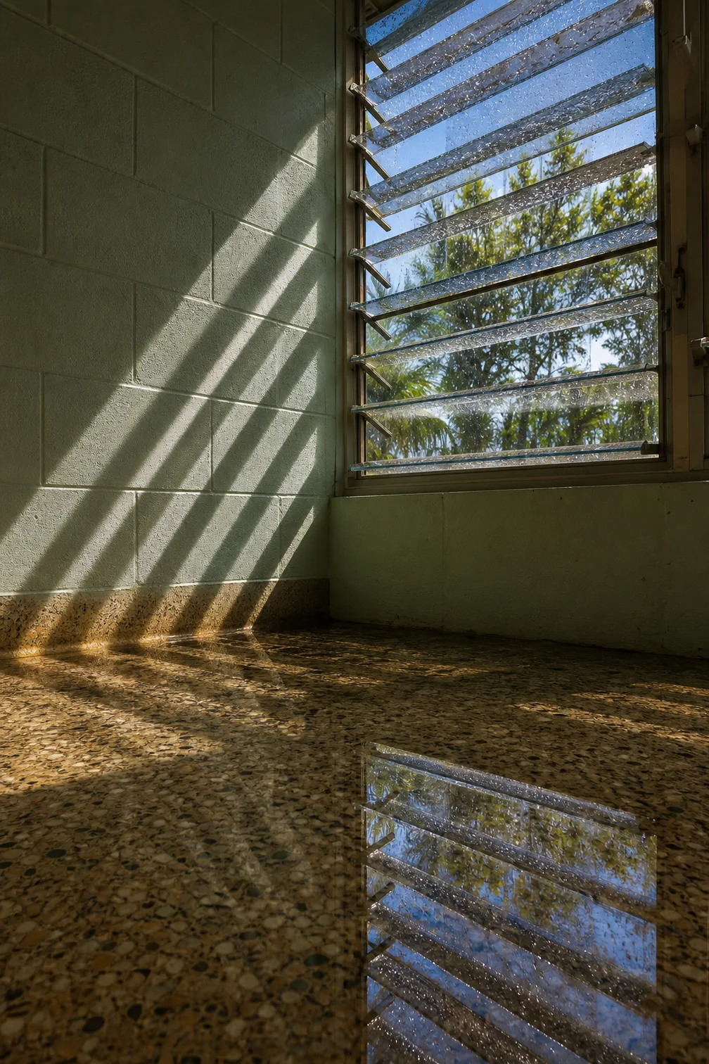 An open jalousie window with rain-beaded glass slats, its shadow falling in hard bands across a painted block wall and a terrazzo floor