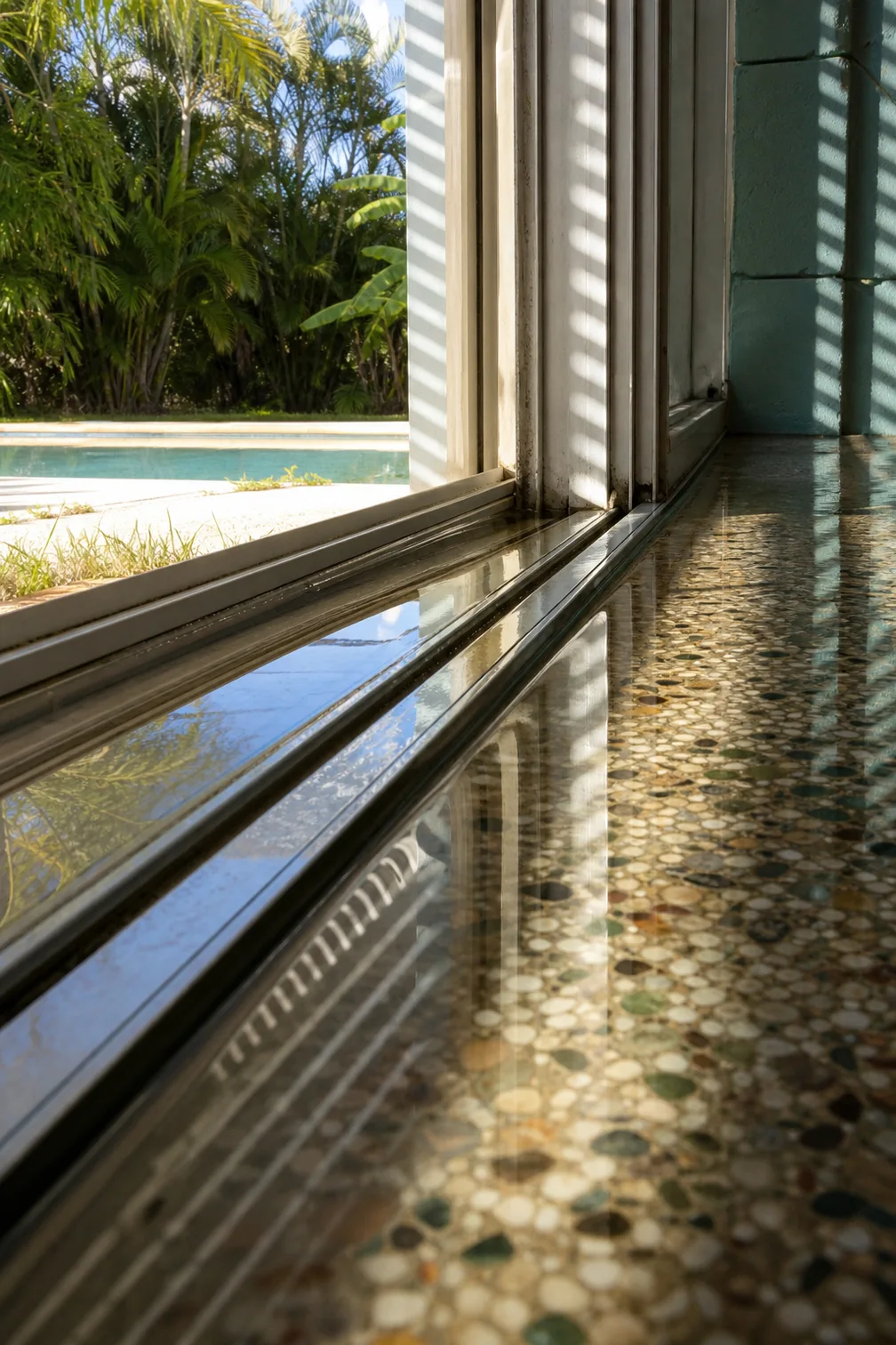 A sliding glass door track photographed close and low from inside, a thin pool of water held against the rail on polished terrazzo