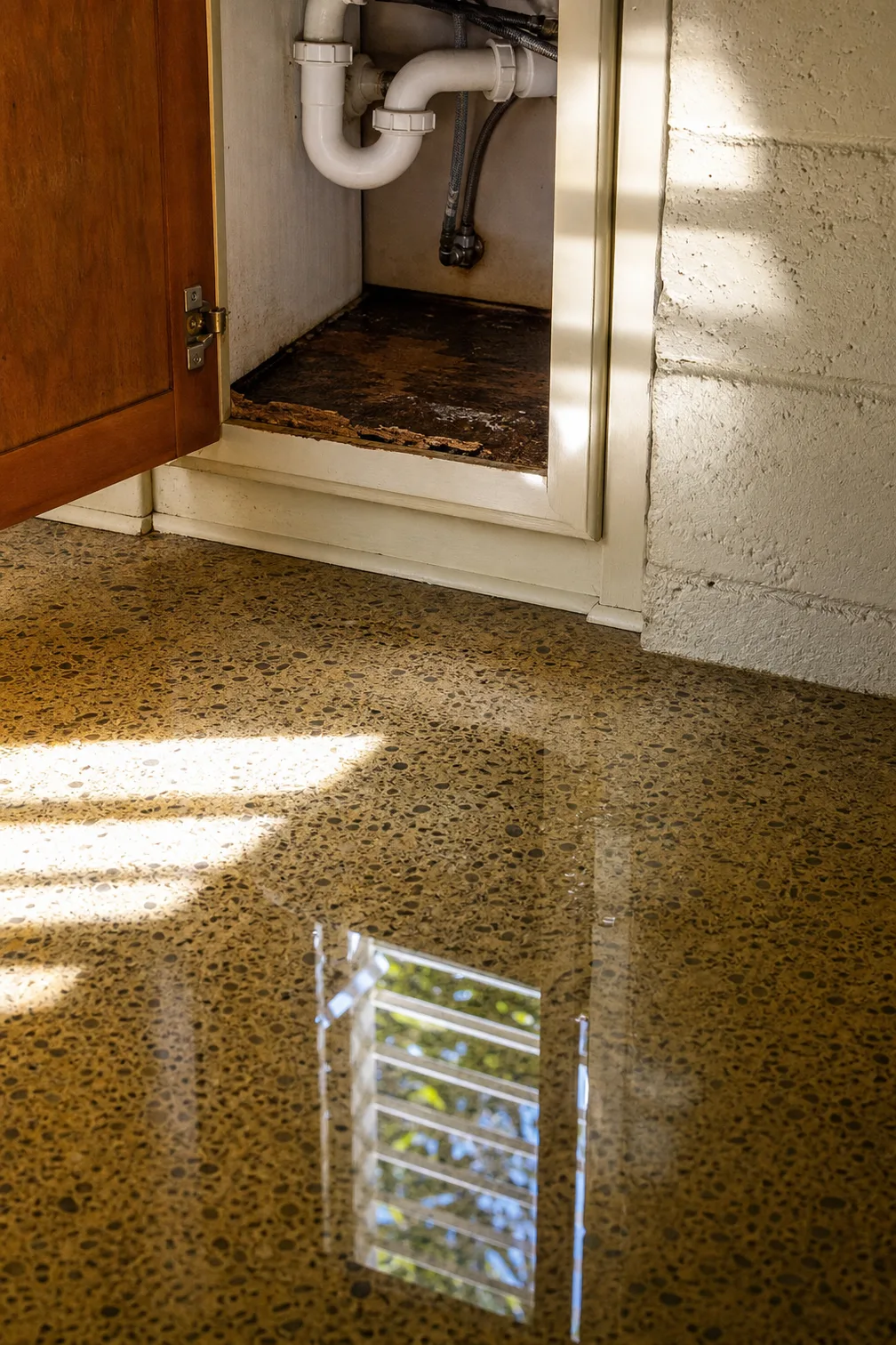 An open cabinet under a kitchen sink with its base swollen and broken away beneath white drain pipes and two braided supply lines, and standing water on the terrazzo outside holding the reflection of a jalousie window