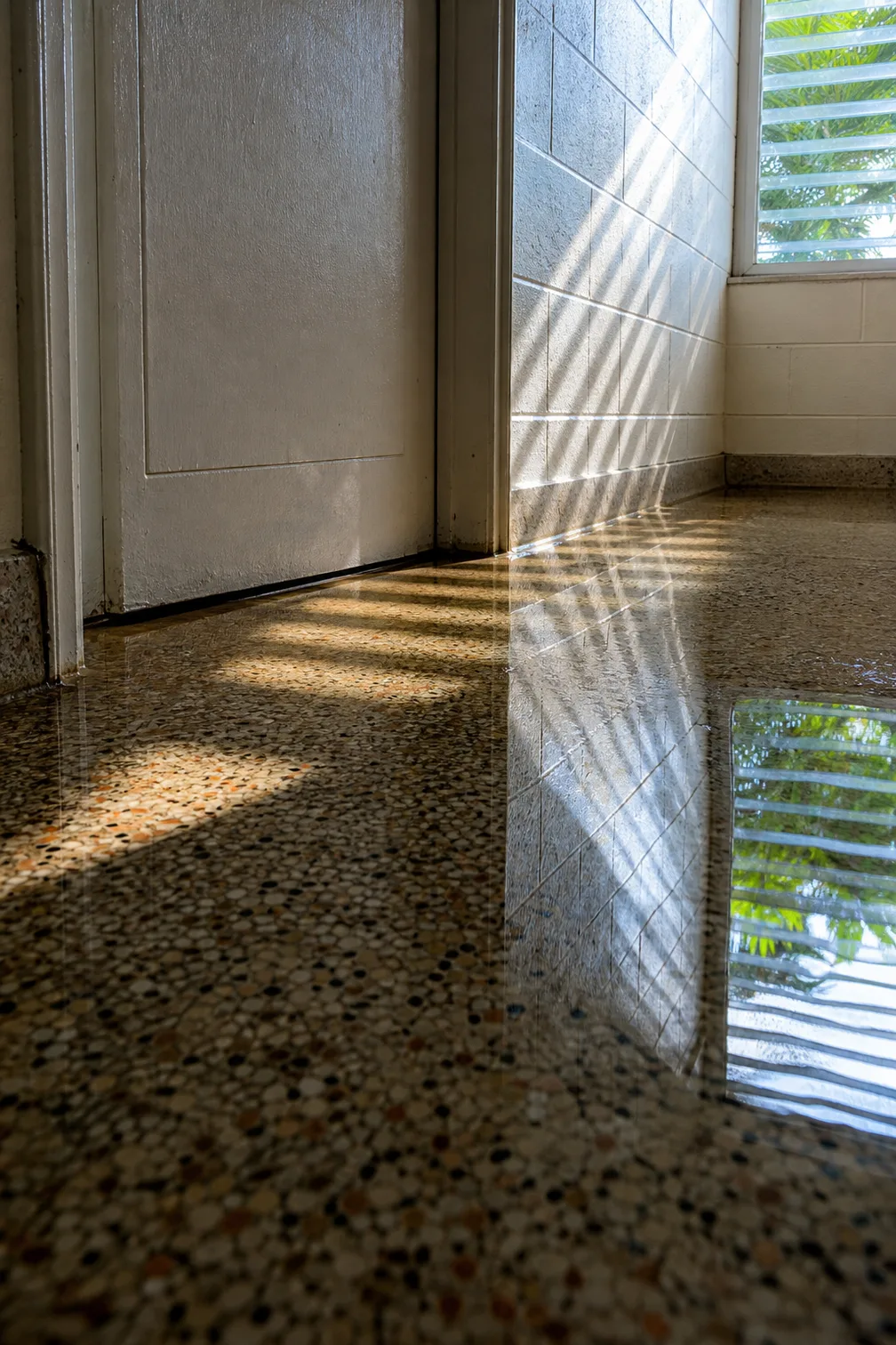 A closed panelled door beside a jalousie window, with slatted sunlight and the window itself reflected in a wet, mirror-bright terrazzo floor