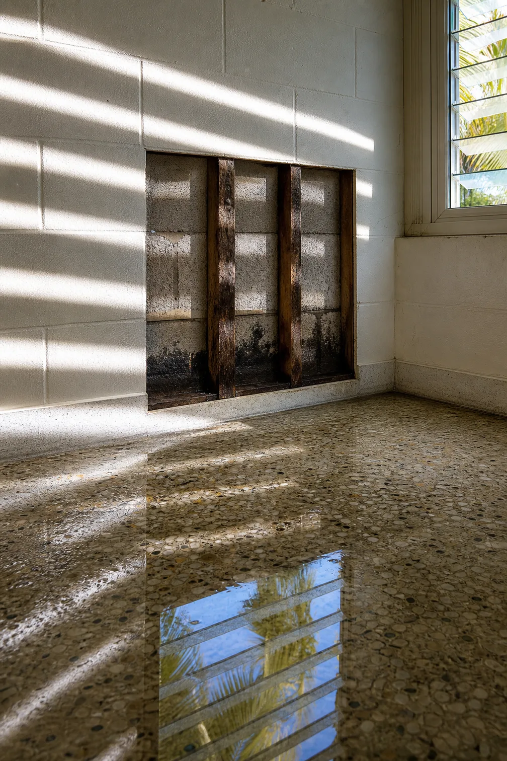 A square opening cut in a painted concrete block wall, exposing two timber furring strips and dark staining on the block behind them