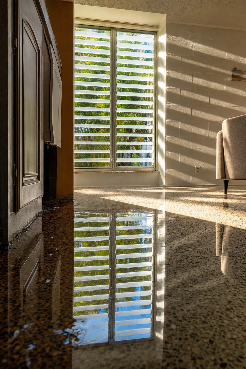 Hard subtropical sun broken into slats across a polished terrazzo floor holding a shallow pool of standing water