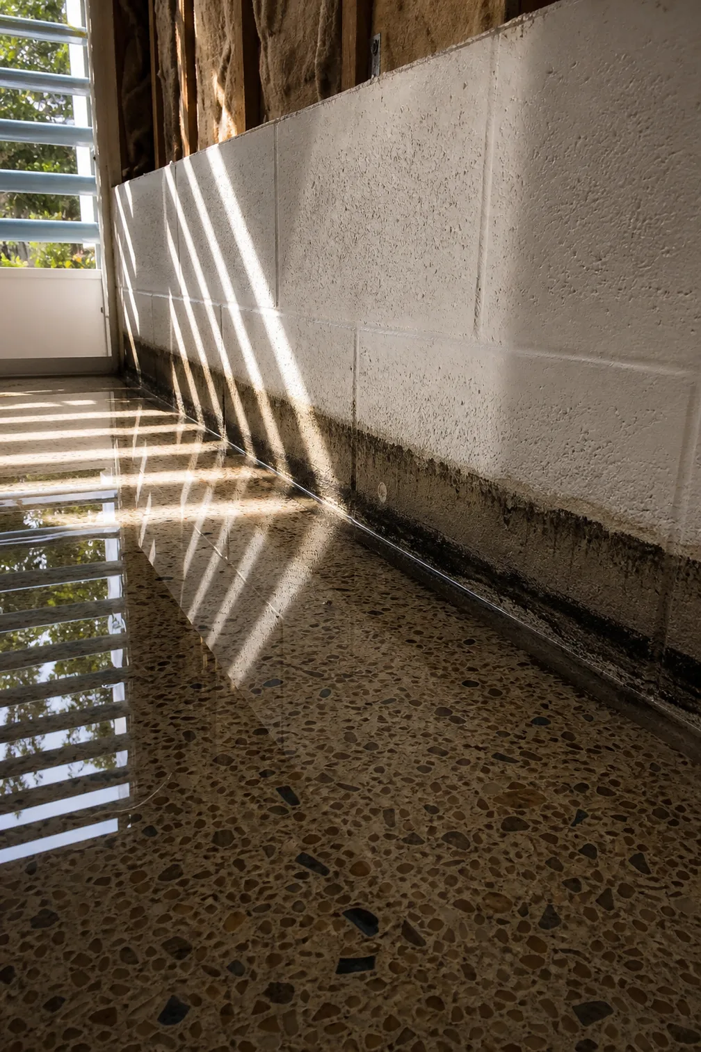 Water line and silt mark across painted concrete block at floor level under hard afternoon light