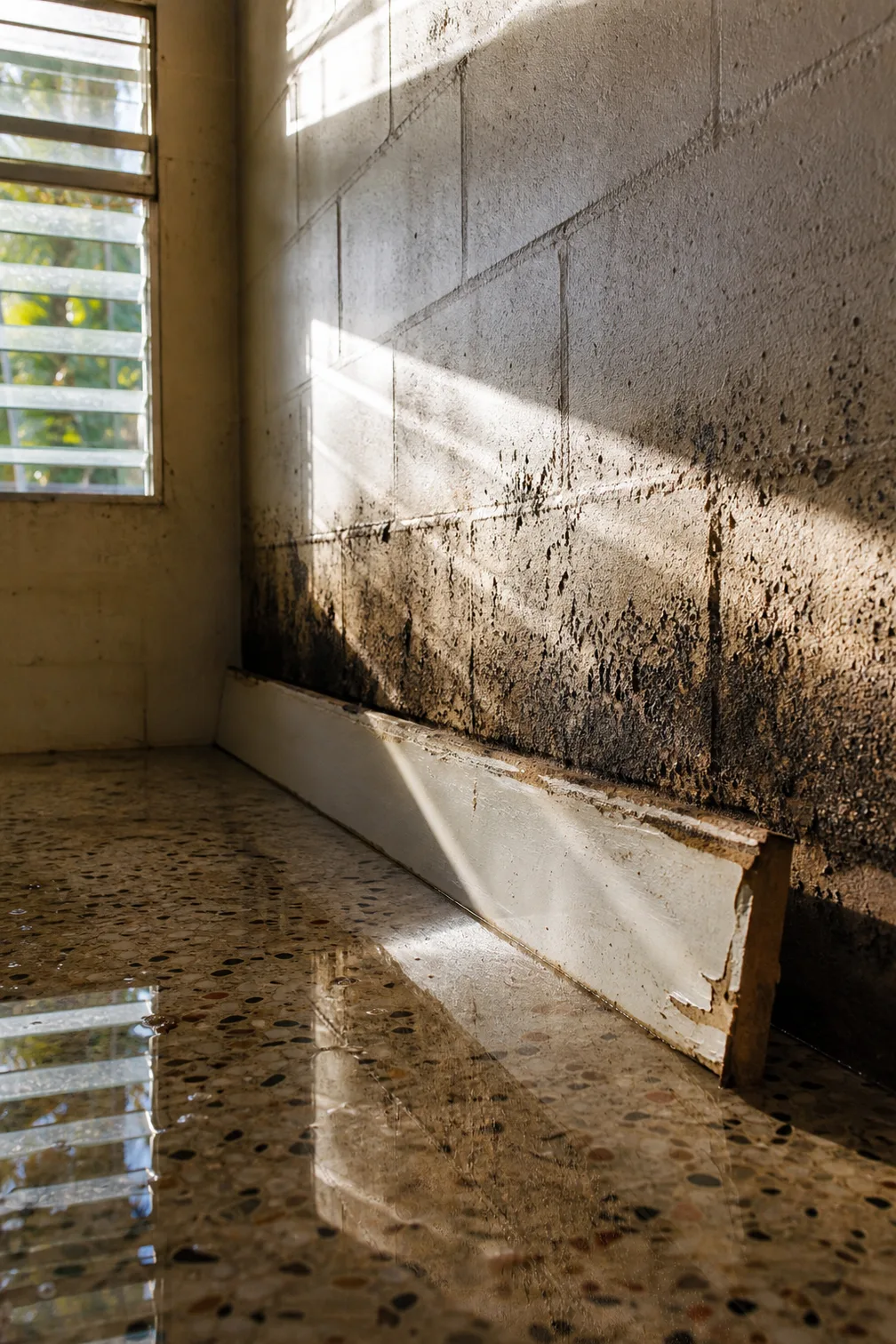 Dark staining spreading along the base of a painted concrete block wall in raking window light
