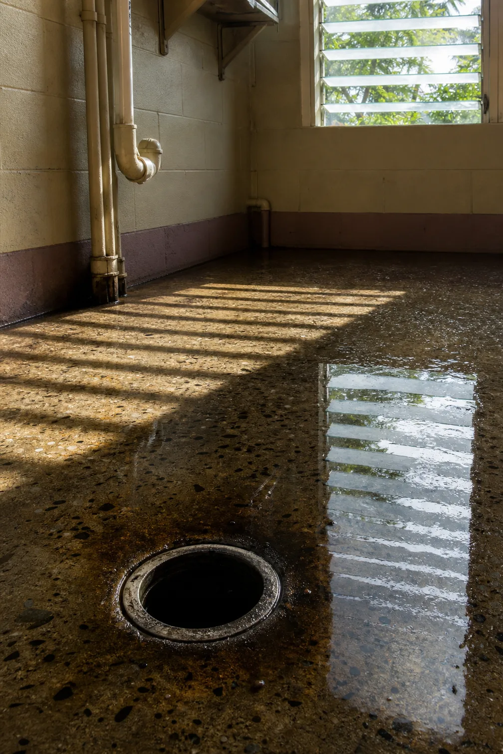 Open floor drain in a painted concrete slab with a hard slatted shadow falling across the wet surround