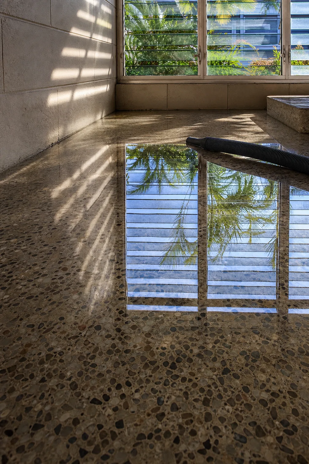 Shallow standing water across a terrazzo floor holding a bright reflection of a louvred window